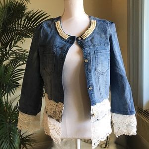 Lace and Pearl Detail Jean Jacket
